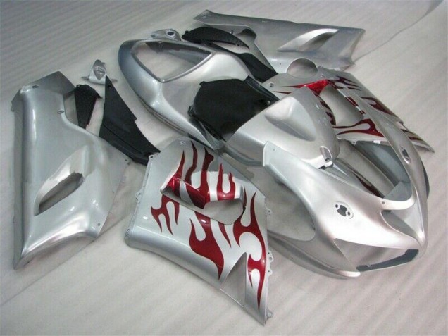 Carénage Moto Kawasaki ZX6R 2005-2006 - Argent Rouge Flamme